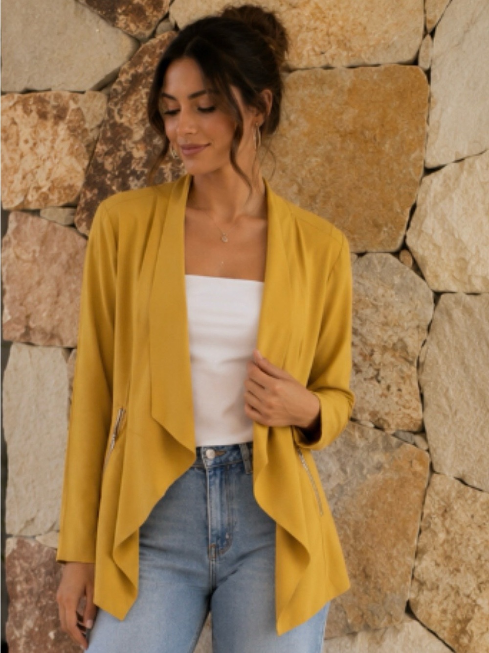 Bagatelle NWT Yellow FAUX SUEDE DRAPE FRONT JACKET SIDE L